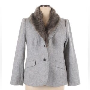 16 XL Talbots grey wool blend blazer lined faux fur collar